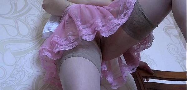  Homemade masturbation under the skirt. Brunette in stockings jerk off cunt.